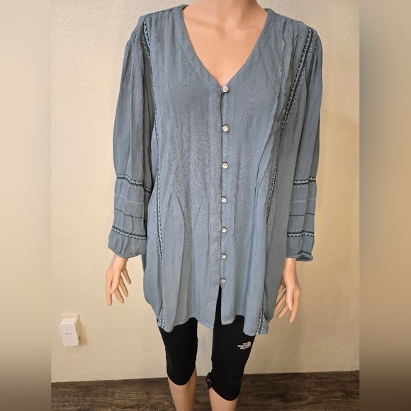 J. JILL Top Womens Lp Pintuck Crinkle Peasant Blouse Blue Balloon Sleeve… - Picture 3 of 9